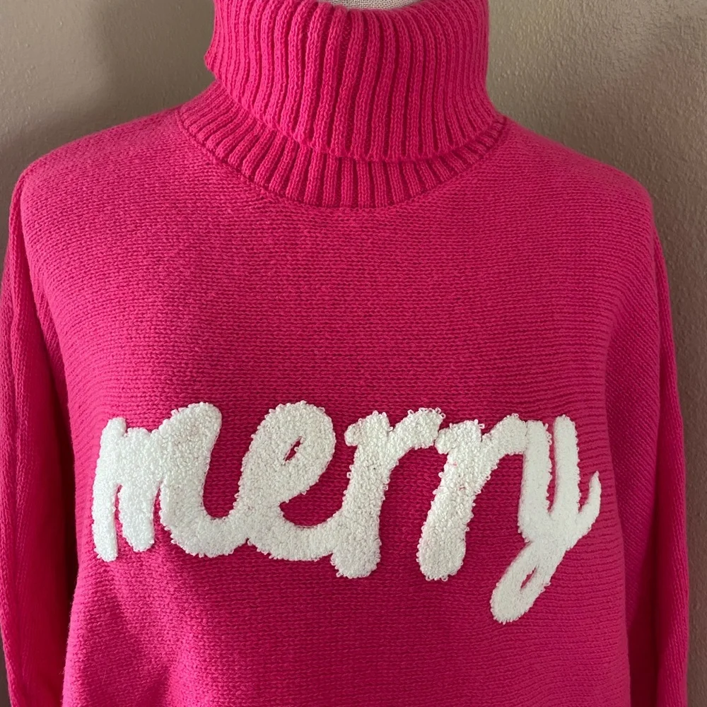 SHEIN Bright Pink Turtleneck Dolman Sweater with white 'Merry' Design, Sz. 1X